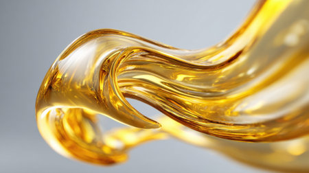 A captivating golden liquid twists and turns, reflecting light beautifully. The viscous substance creates elegant shapes as it moves, revealing its glossy texture in a serene atmosphere.の素材