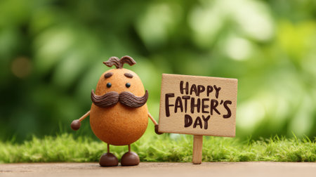 A man with a mustache holding a sign that says Happy Father's Day. The sign is on a board and the man is standing in front of itの素材