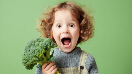 A young girl is holding a head of broccoli and smiling. Concept of joy and excitement, as the child is proud of her healthy snack choiceの素材