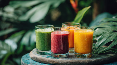 A table with four glasses of different colored drinks, including green, red, yellow, and orangeの素材