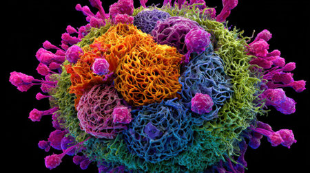 A colorful mass of cells with a pinkish hue. The cells are in a cluster and are of different colorsの素材