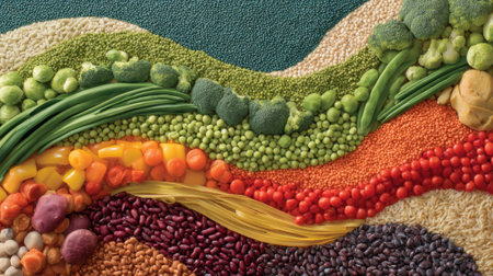 A colorful assortment of vegetables and beans are arranged in a long line. Concept of abundance and variety, showing the diverse range of healthy food options availableの素材