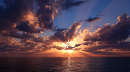 The sun is setting over the ocean, casting a warm glow on the water. The sky is filled with clouds, creating a serene and peaceful atmosphereの素材