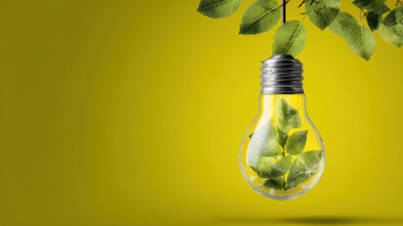 A light bulb is suspended from a leaf. The bulb is surrounded by a clear glass, which gives it a unique and artistic appearance. Concept of creativity and innovationの素材