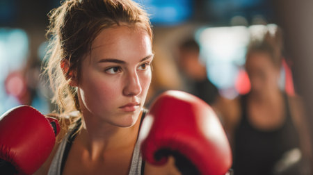 A woman wearing boxing gloves and a ponytail. She is looking at the camera. Scene is determined and focusedの素材