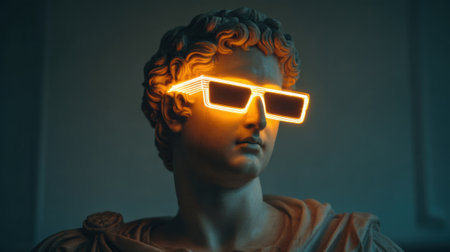 A classic statue stands in a dimly lit room, adorned with bright, glowing sunglasses that emit an orange hue. The surroundings highlight the artistic contrast between ancient and contemporary design.の素材