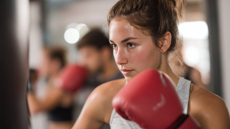 A woman wearing a red boxing glove is looking at the camera. She is in a boxing ring with other peopleの素材