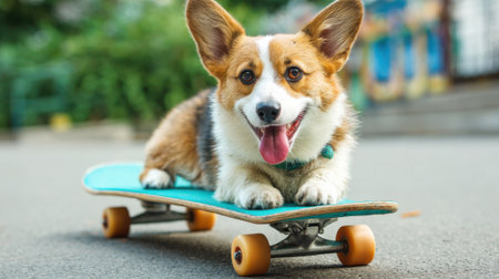 A dog is laying on a skateboard. The dog is smiling and has its tongue out. The skateboard is blue and has wheelsの素材