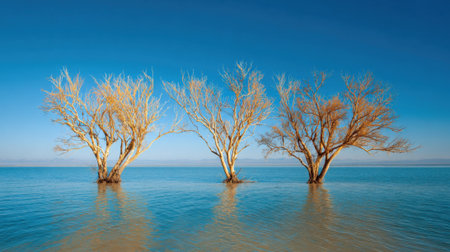 Three trees are floating in the water next to a body of water. The trees are bare and the water is calmの素材