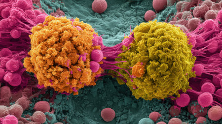 Two pink and yellow cells are shown in close up. The pink cell is larger and the yellow cell is smallerの素材