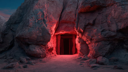 A cave entrance is lit up in red. The cave is dark and mysterious. The red light creates an eerie atmosphereの素材