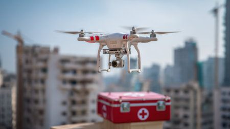 A white drone is flying over a city with a red box on the ground. The drone is hovering over a red box that has a cross on it. The scene is calm and peaceful, with the drone flying high above the cityの素材