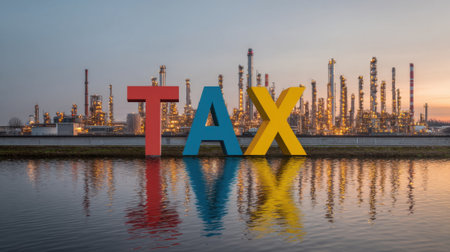 A large red, yellow and blue sign that says Tax. The sign is in front of a city skylineの素材