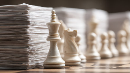 A chess set is on top of a pile of paper. The chess pieces are white and the pile of paper is white as well. Concept of order and organizationの素材