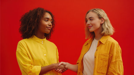 Two women shake hands in front of a red background. The women are smiling and seem to be friendsの素材