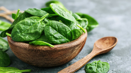 A bowl of fresh spinach leaves sits on a table with a wooden spoon next to it. The bowl is filled with a variety of green leaves, and the spoon is placed on the table, ready to be usedの素材