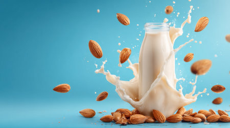 A glass of milk with a splash of almond milk on top. The milk is splashing out of the glass and onto the table. There are also some almonds scattered around the tableの素材