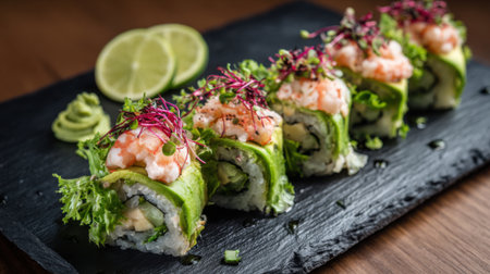 A plate of sushi with avocado and shrimp on top. The sushi is rolled up and has a green leaf on topの素材