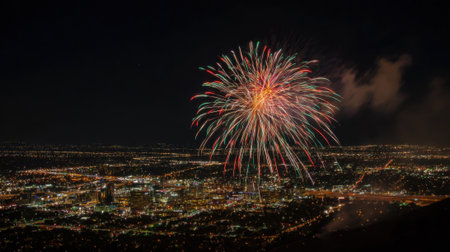 A fireworks display is lit up in the night sky over a city. The fireworks are bright and colorful, creating a festive atmosphere. The city below is illuminated by the fireworksの素材
