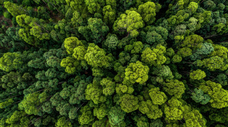A lush green forest with many trees. The trees are green and full of leaves. The forest is dense and full of lifeの素材
