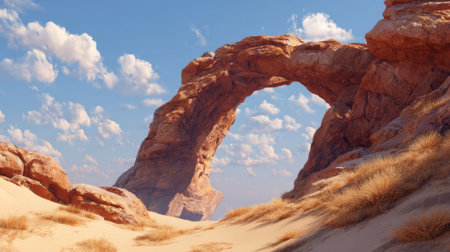 A desert landscape with a large archway in the middle. The archway is made of rocks and the sky is blueの素材