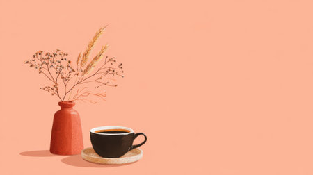 A vase with flowers and a coffee cup on a table. The flowers are dried and the coffee cup is blackの素材