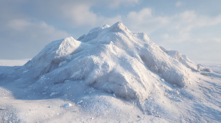 Snow-covered mountain peak towers in a serene winter setting, surrounded by a blanket of powdery snow. Soft clouds drift above, highlighting the tranquil atmosphere.の素材