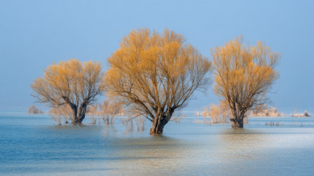 Three trees are floating in a body of water. The water is calm and blue. The trees are surrounded by a lot of water, and the sky is clear and blueの素材