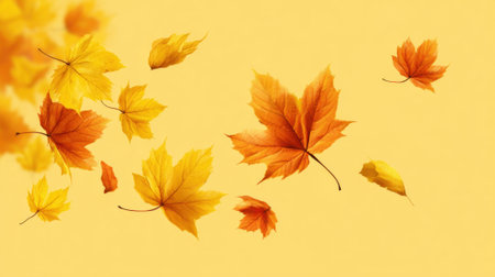 Vibrant leaves in shades of yellow and orange gently dance through the air, creating a peaceful autumn atmosphere. The bright yellow background enhances the seasonal beauty.の素材