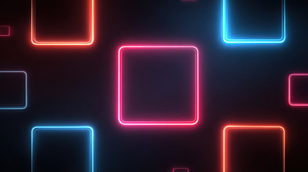 Neon squares illuminate a dark background, creating an abstract digital design with colorful hues. The arrangement of the shapes adds depth and a contemporary feel to the artwork.の素材