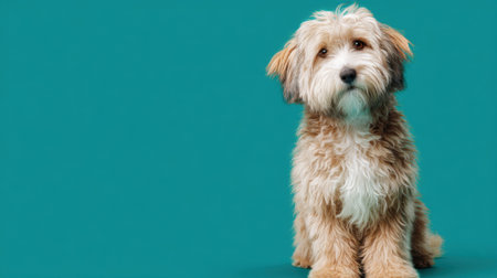 A dog with a sad expression is sitting on a blue background. The dog's fur is brown and white, and it is looking at the cameraの素材