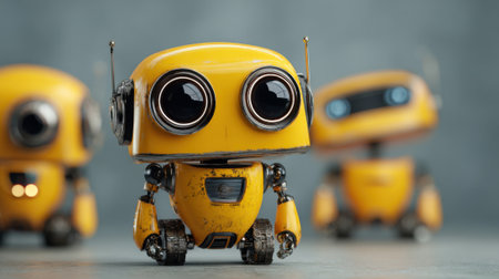 Three robots are standing next to each other, one of which is yellow. The yellow robot is the center of attention and he is the most advanced of the three. The other two robots are smallerの素材