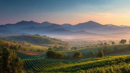 A beautiful landscape with a mountain range in the background and a foggy mist in the foreground. The scene is peaceful and serene, with the mist adding a sense of mysteryの素材