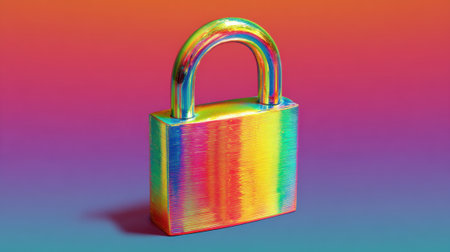 A shiny padlock with a rainbow finish stands prominently against a gradient backdrop of orange and purple. The padlock's metallic surface reflects colorful light, creating a striking visual.の素材