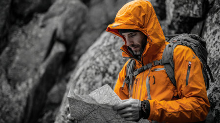A man in an orange jacket is looking at a map while wearing a raincoat. He is standing on a rocky surfaceの素材