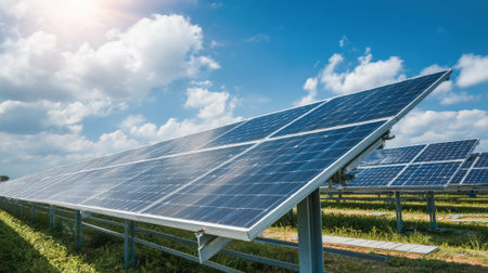 A solar panel farm with many panels. The panels are all facing the sun. The sky is blue and there are clouds in the backgroundの素材