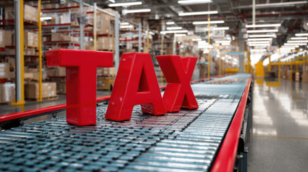 A conveyor belt in a warehouse has a red tax sign on itの素材