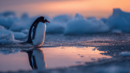 A gentoo penguin is seen standing on an icy shoreline during sunset. The vibrant colors of the sky reflect on the calm waters, creating a serene atmosphere in the Antarctic landscape.の素材