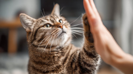 A cat is standing on a carpet and looking at a person's hand. The cat is about to give a high five to the personの素材