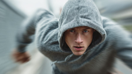 A man in a gray hoodie is running and looking at the camera. The image has a sense of motion and energy, as if the man is in the middle of a raceの素材