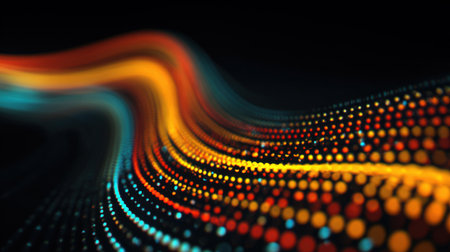 A vibrant abstract wave flows across a dark background, featuring glowing dots in various colors. The design represents dynamic movement and digital creativity, captivating viewers with their energy.の素材
