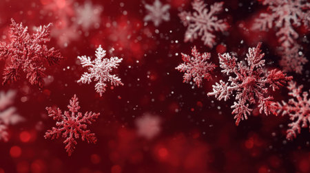 Delicate snowflakes fall gently against a vivid red backdrop, creating a magical winter atmosphere perfect for seasonal festivities. The scene evokes warmth and cheer.の素材