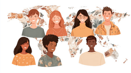 A group of people are smiling and are shown in a world map. The people are of different races and genders, and they are all smilingの素材
