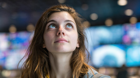A woman with brown hair and brown eyes is looking up at a wall. She is wearing a yellow shirtの素材