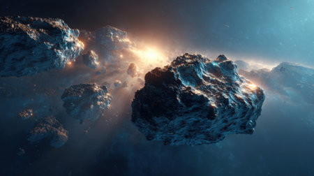 In a vast expanse of space, rocky asteroids float amidst shimmering stars, casting shadows and reflecting light from distant celestial bodies, creating a captivating cosmic vista.の素材