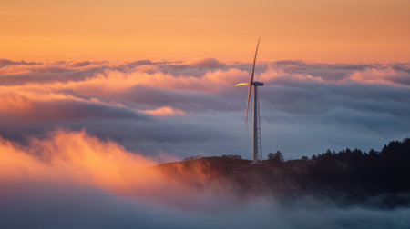 A wind turbine rises above a blanket of clouds, capturing the last light of a vibrant sunset. The sky glows with warm hues as the sun dips below the horizon.の素材
