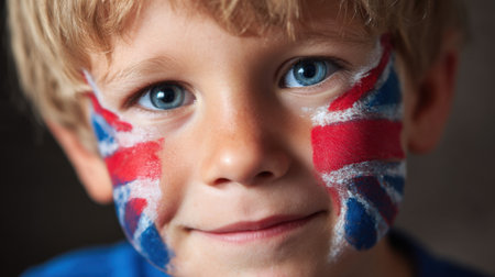 A young boy with a British flag painted on his face. He is smiling and looking at the cameraの素材