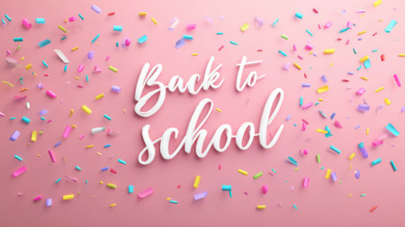 A colorful background with confetti and the words "back to school" written in cursive. Concept of excitement and celebration as students return to school after the summer breakの素材