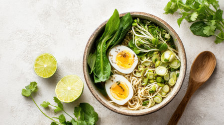 A bowl of ramen with eggs and green vegetables. The bowl is on a table with a spoon next to itの素材