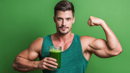 A man with a green drink in his hand and a green background. He is smiling and has a strong armの素材